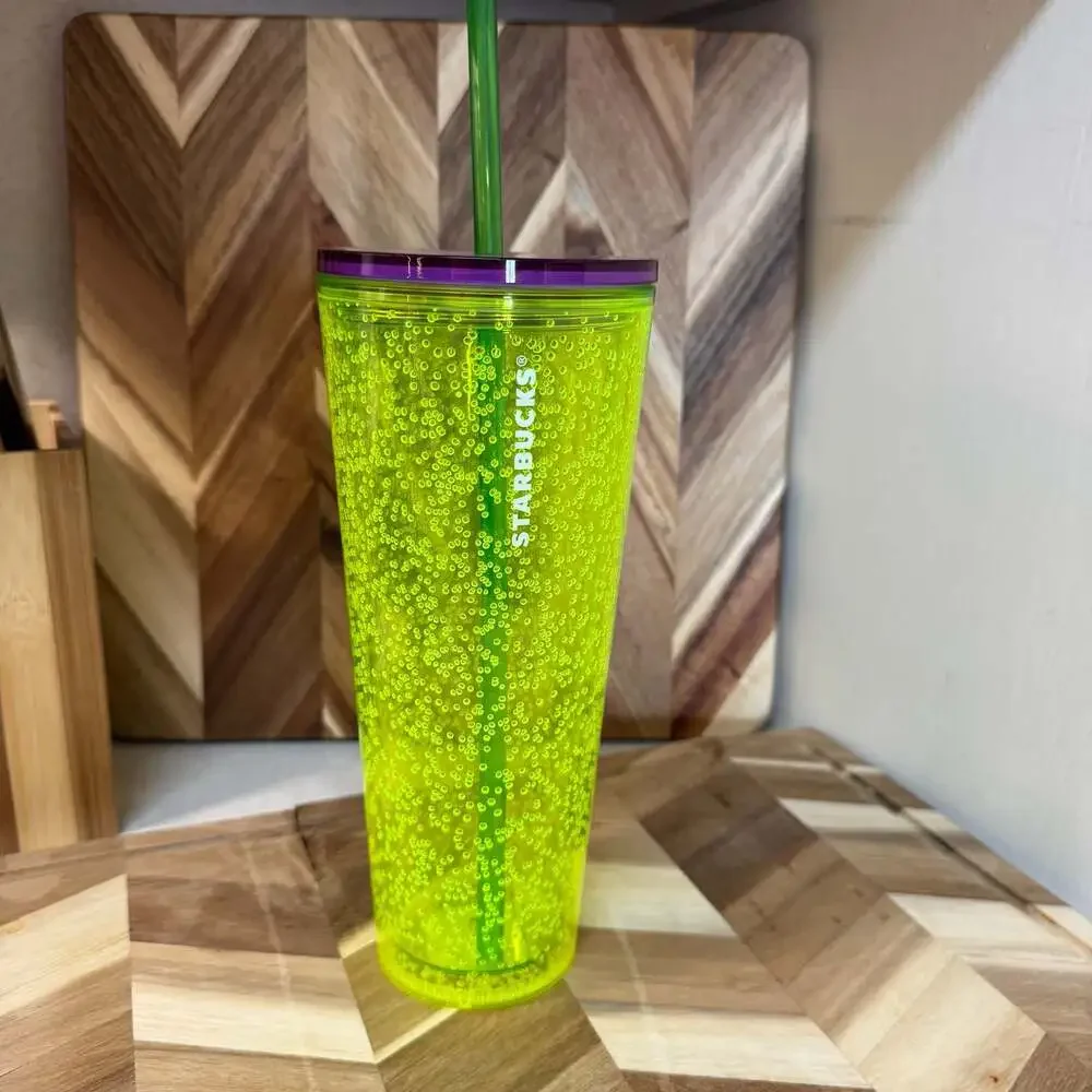 Starbucks 24 oz Neon Yellow Bubbleseed Cold Cup Tumbler with Purple Lid